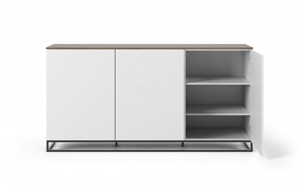Buffet WHITY blanc mat 180cm 3 portes Plateau noyer piètement noir